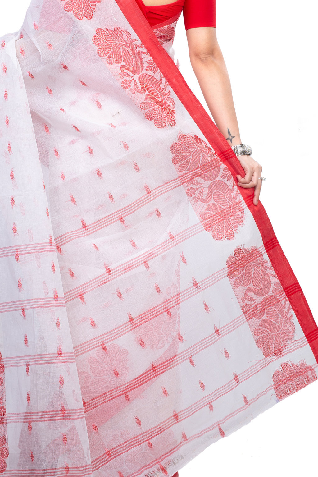 White Pure Cotton MOYUR PAR Tant Saree (903)